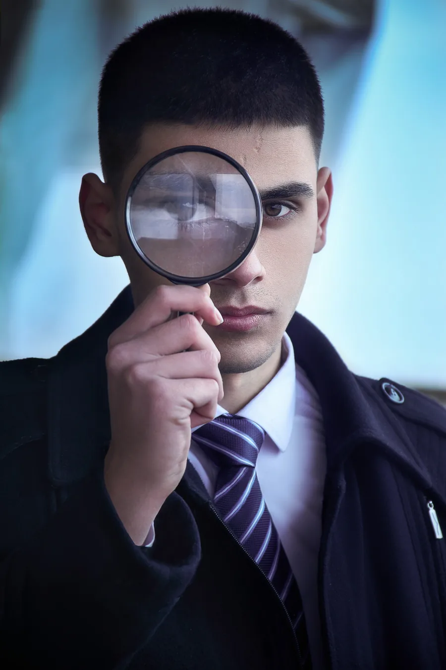 Detectiv privat Eye Detectiv examinând dovezi cu o lupă în cadrul unei investigații în București